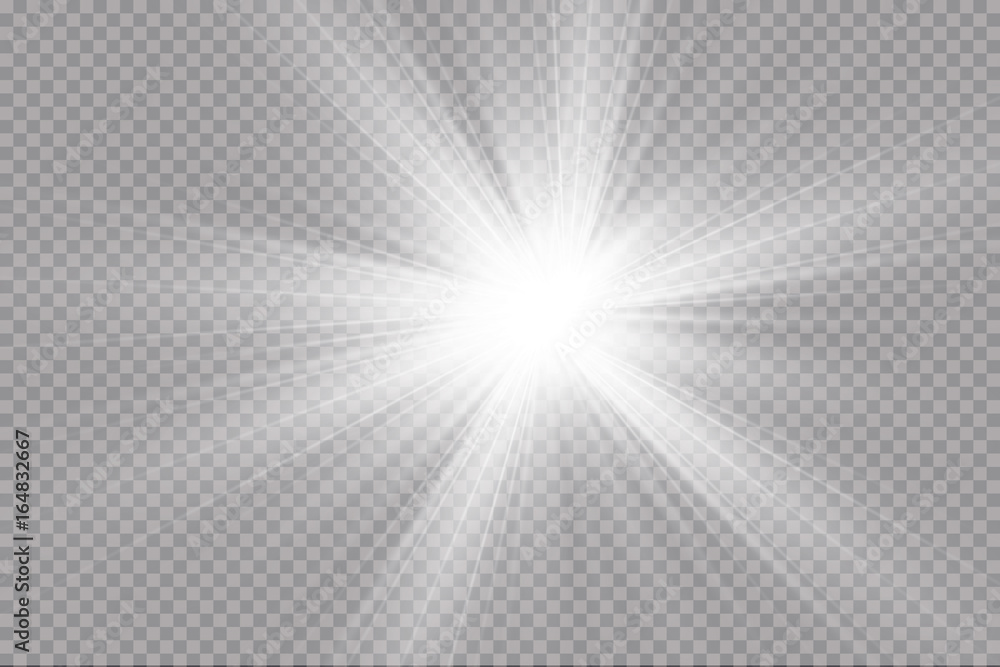 Glow light effect. Starburst with sparkles on transparent background. Vector illustration. Sun - obrazy, fototapety, plakaty 