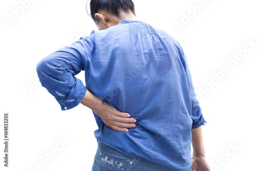 Senior woman having back pain isolated