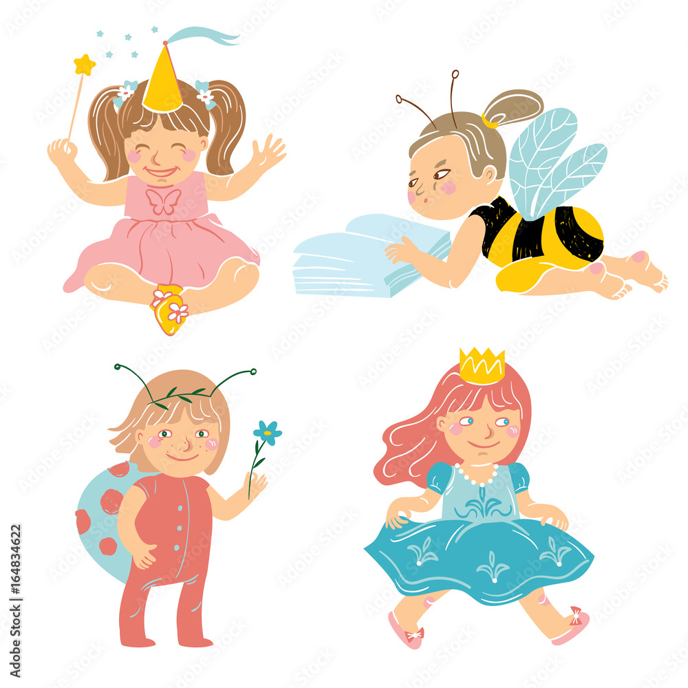 Set of four little girls playing in various costumes. Set of four little girls playing in various costumes.
