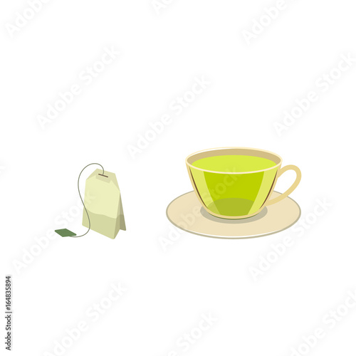 Vector cap of green tea with bag flat isolated illustration on a white background. Cartoon glass of green drink on the saucer, herbal tea bag. Healthy beverage, lifestyle concept