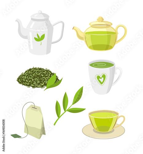 Vector tea ceremony set flat isolated illustration on a white background. Cartoon cap of green tea on the saucer, herbal tea bag transparent teapot, kettle leaf tea. Healthy lifestyle concept