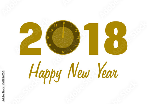 2018 in gold mit einer Uhr anstelle der 0 und Happy New Year Schriftzug auf weißem Hintergrund im Querformat