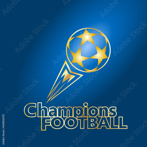 Soccer ball fly comet gold icon on blue background. Football games award symbol. Champions Soccer ball logo for Brochure, flyer, banner graphic design. Space Soccer ball. Soccer Ball Universe vector.