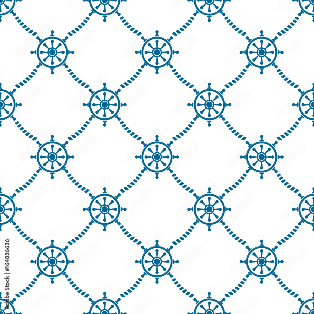 Fototapeta premium Rudder wheels seamless summer pattern blue and white