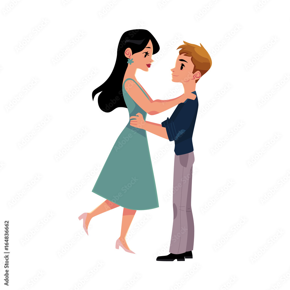 Hugging couple, man holding woman by waist, raising her in air, cartoon vector illustration isolated on white background. Full length, side view portrait of cartoon style hugging couple, happy meeting
