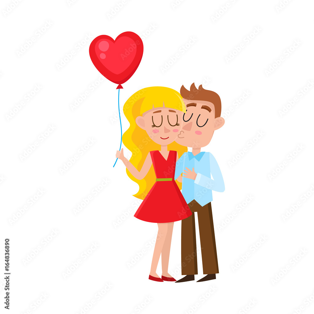 Loving couple, boy kissing pretty blond girl holding heart shaped balloon, cartoon vector illustration isolated on white background. Loving, kissing couple, romantic relationships, dating Loving couple, boy kissing pretty blond girl holding heart shaped balloon, cartoon vector illustration isolated on white background. Loving, kissing couple, romantic relationships, dating
