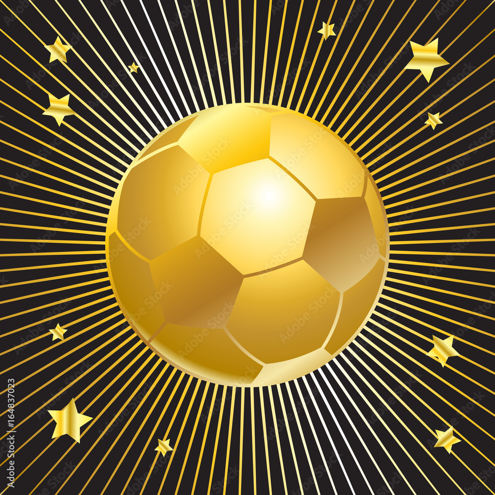Soccer ball gold festive poster with gold stars, shiny sparkles