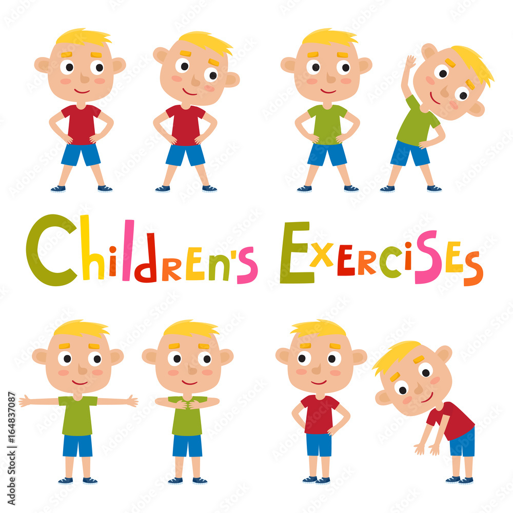Vector set of blonde boys in exercises poses isolated on white b