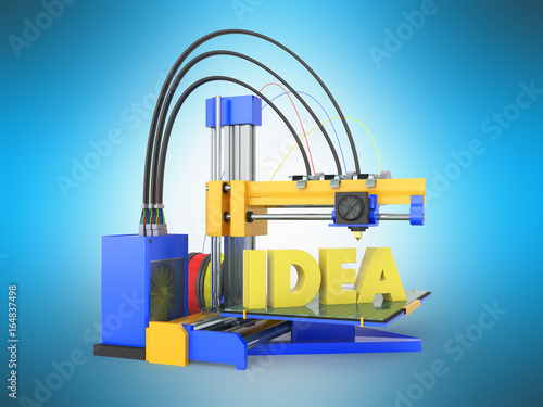 3d printer idea front yellow blue 3d rendering on blue background