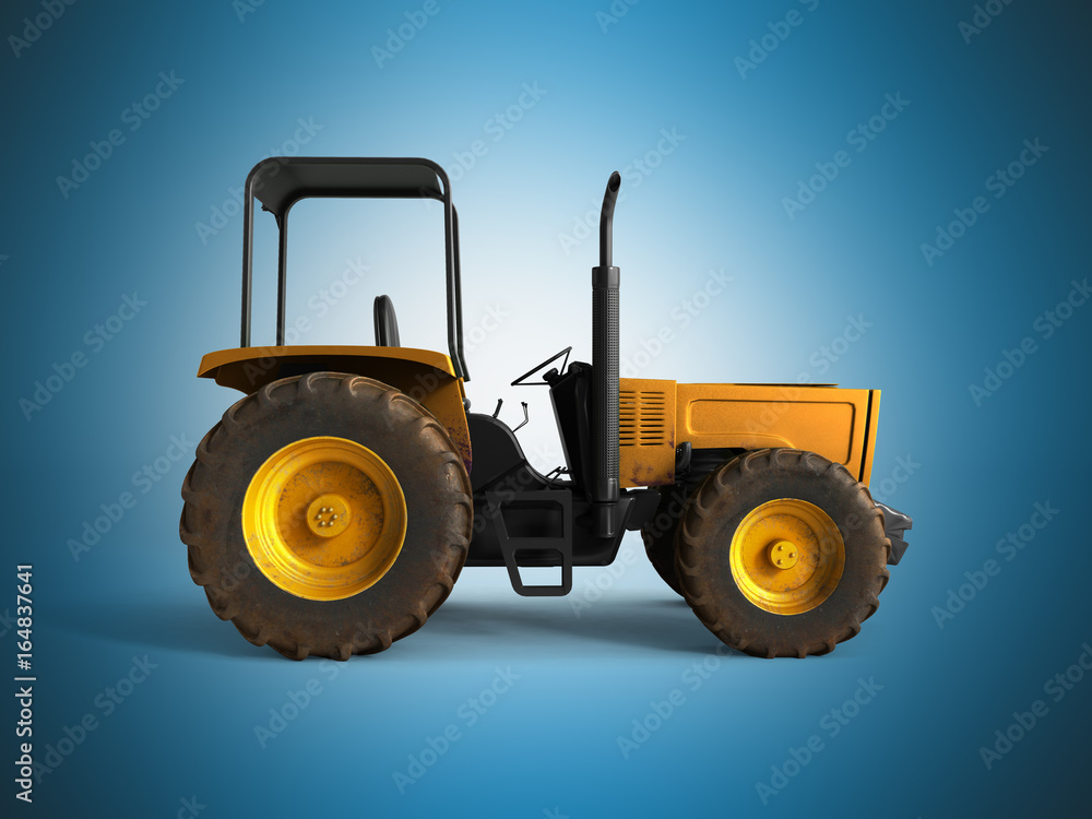 Fototapeta premium Mini Tractor Yellow 3d render on blue background
