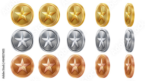 Game 3D Gold, Silver, Bronze Coins Set Vector With Star. Flip Different Angles. Achievement Coin Icons, Sign, Success, Winner, Bonus, Cash Symbol. Illustration Isolated. For Web, Game App Interface