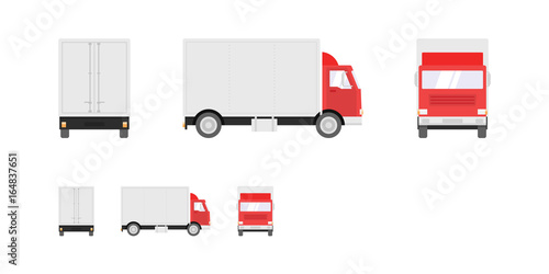 Truck illustration. Side, front, back views of transport truck isolated on white background. Pixel perfect, modern flat design illustration.