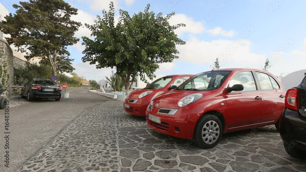 Male backpacker taking cozy red car for rent and going to sightseeing, sequence Male backpacker taking cozy red car for rent and going to sightseeing, sequence