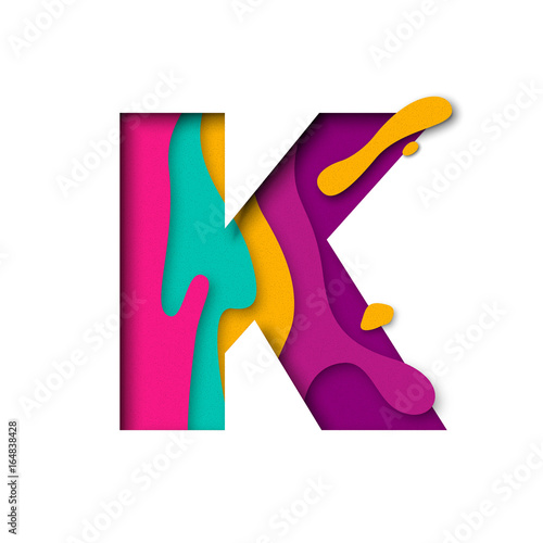 Paper cut letter K. Realistic 3D multi layers papercut isolated white background