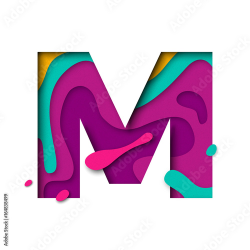 Paper cut letter M. Realistic 3D multi layers papercut isolated white background