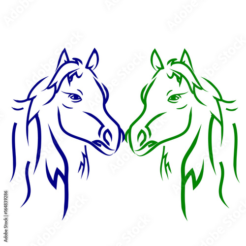 Fototapeta Naklejka Na Ścianę i Meble -  Two horses green and blue, silhouette on white background.