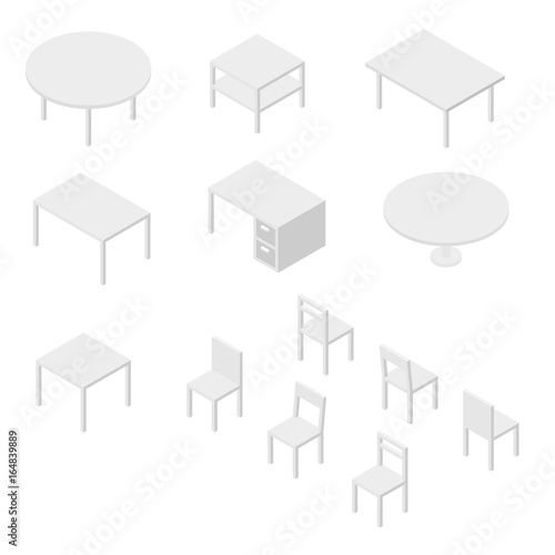Set of Furniture, Chairs and Tables. Isometric Drawing Vector.