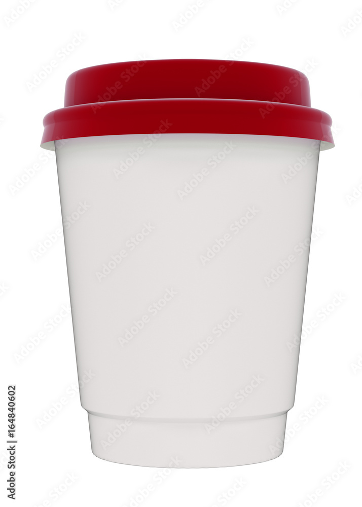 3D illustration of a mockup cardboard cup of coffee or tea to takeaway with red plastic cap. With shadow on white background 3D illustration of a mockup cardboard cup of coffee or tea to takeaway with red plastic cap. With shadow on white background