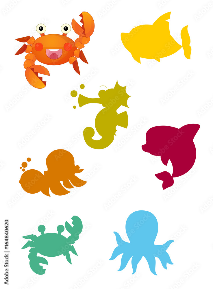 Fototapeta premium cartoon matching game with sea animals / colorful shapes - isolated illustration for children