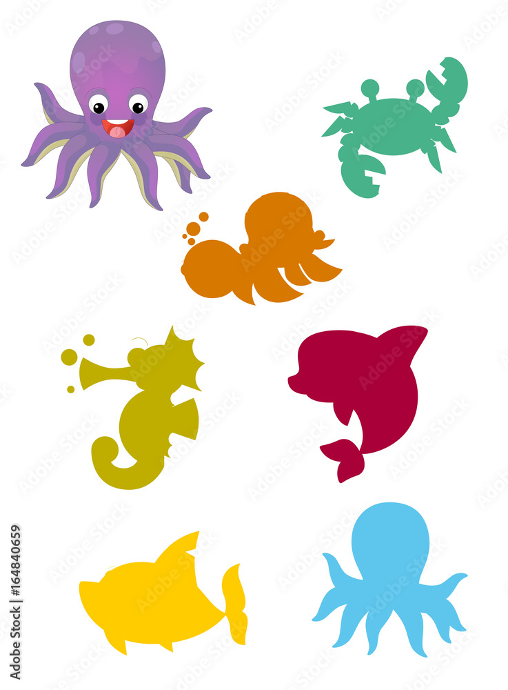 cartoon matching game with sea animals / colorful shapes - isolated illustration for children cartoon matching game with sea animals / colorful shapes - isolated illustration for children