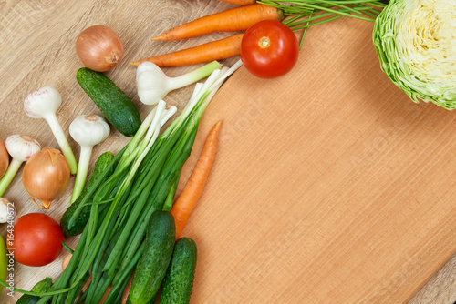 closeup of fresh fruits and vegetables on wooden table, healthy food concept, abstract object and background