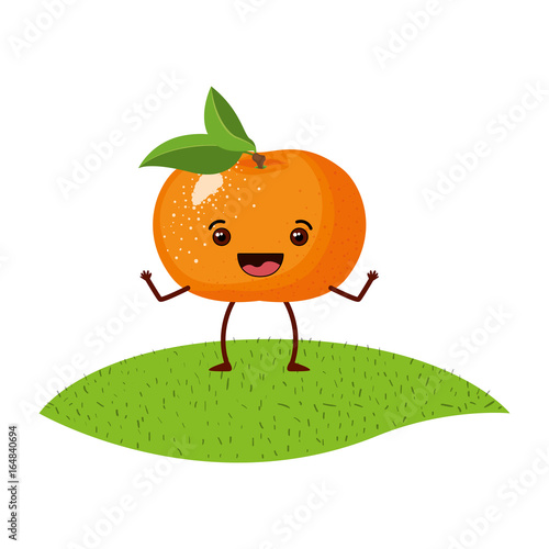 white background with realistic tangerine fruit caricature over grass vector illustration