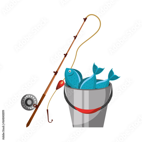 Fishing bucket with rod vector illustration design