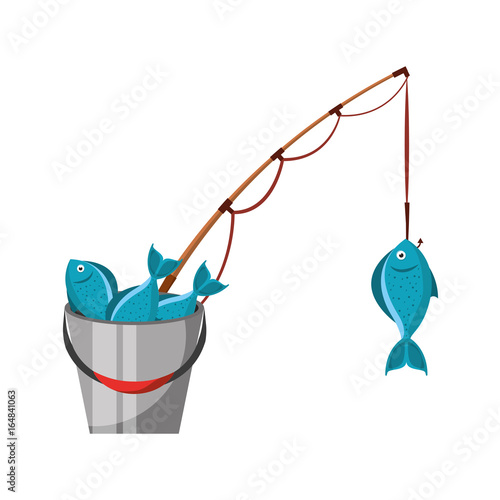 Fishing bucket with rod vector illustration design