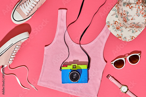 Summer Hipster Girl Accessories Set. Fashion Design. Film Camera, Trendy Sneakers, fashion Sunglasses. Hot Summer Sunny Vibes. Creative Bright Sweet Style. Vanilla Pink Pastel Color. Minimal, Art