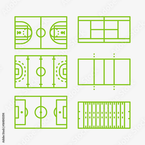 Football Basketball Soccer Hockey Tennis Volleyball Field Arena Court Sport Vector Color Line Stroke Icon Set