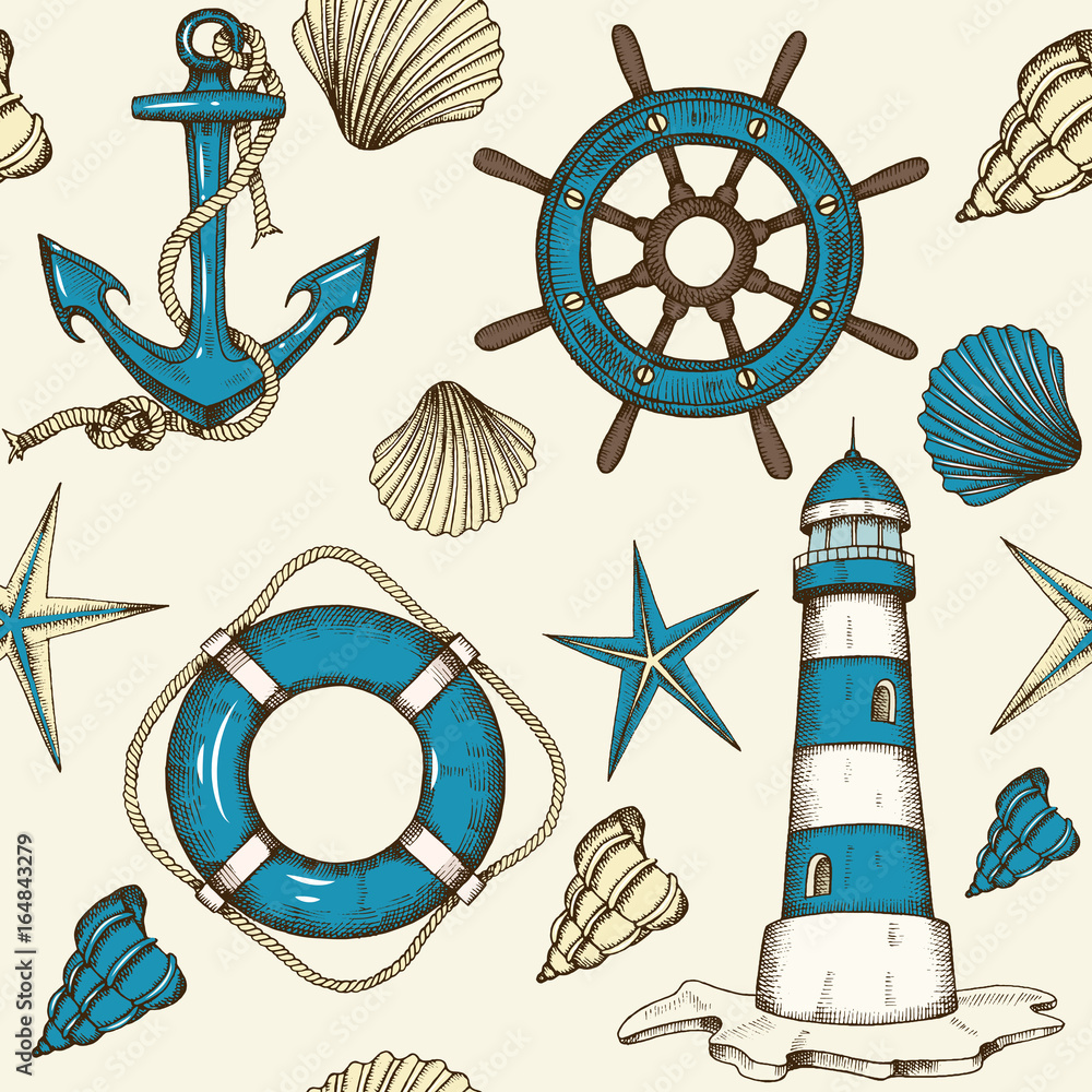 Nautical seamless pattern with and drawn vector anchor, lighthouse
