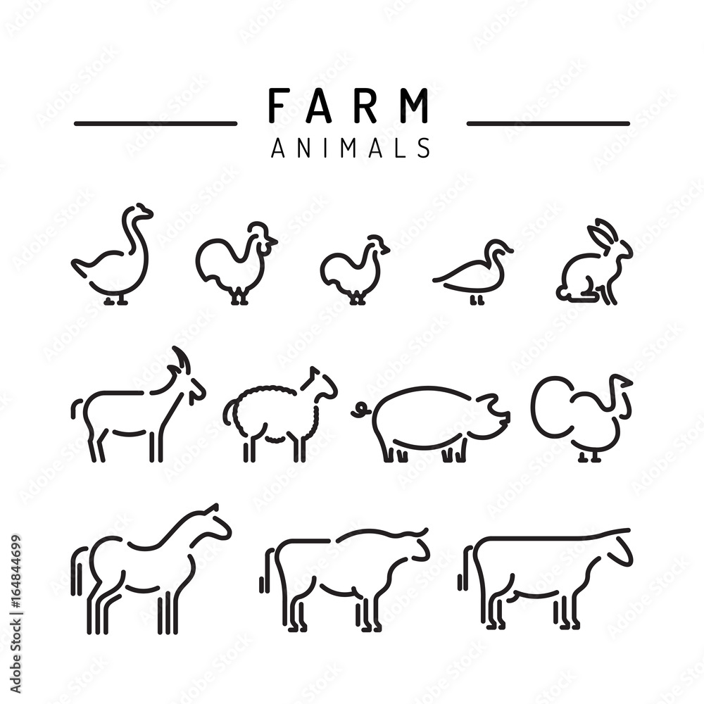 Vector farm animals silhouettes outline logo isolated on white. Set of animals icons for the design games and apps with animals Vector farm animals silhouettes outline logo isolated on white. Set of animals icons for the design games and apps with animals