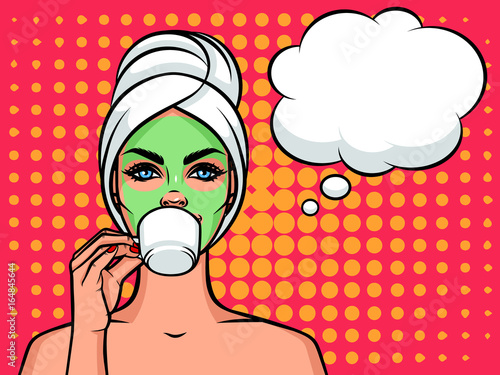 Young beautiful woman European type with towel on her head and mask on her face. Relaxing girl with cup of tea or coffee and speech bubble over halftone