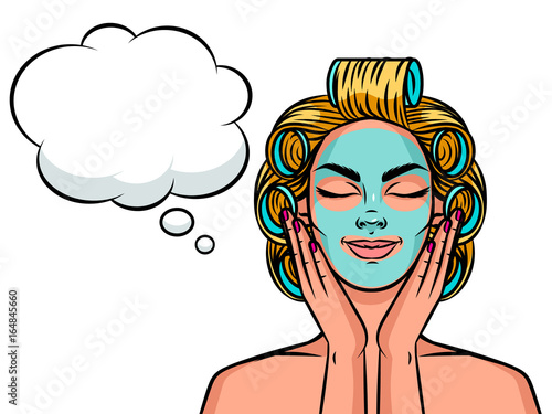Young beautiful woman European type with curlers on her head and mask on her face. Relaxing girl face with speech bubble