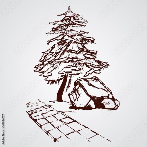 Outdoor Art Hand drawn nature pines cones mountains landscape
