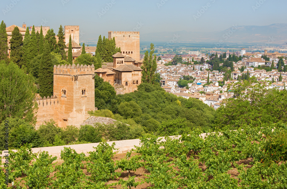Granada - The outlook over the Alhambra and the town from Generalife gardens.