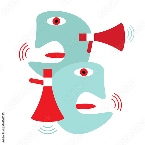 Modern abstract illustration about political rally and usually empty campaign promises. Contemporary politics candidates or public opinion leaders drawn in a cubism styled caricature. Propaganda icon.