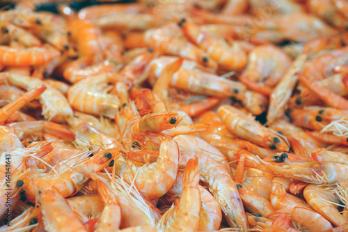 Fresh pink shrimp in bulk at a seafood market in Brittany, France