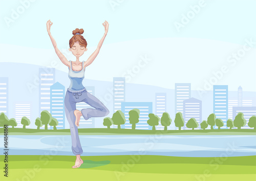 Young attractive woman practicing yoga in the city park, standing on one leg. Vrikshasana exercise, Tree pose. Vector illustration, isolated on white background.