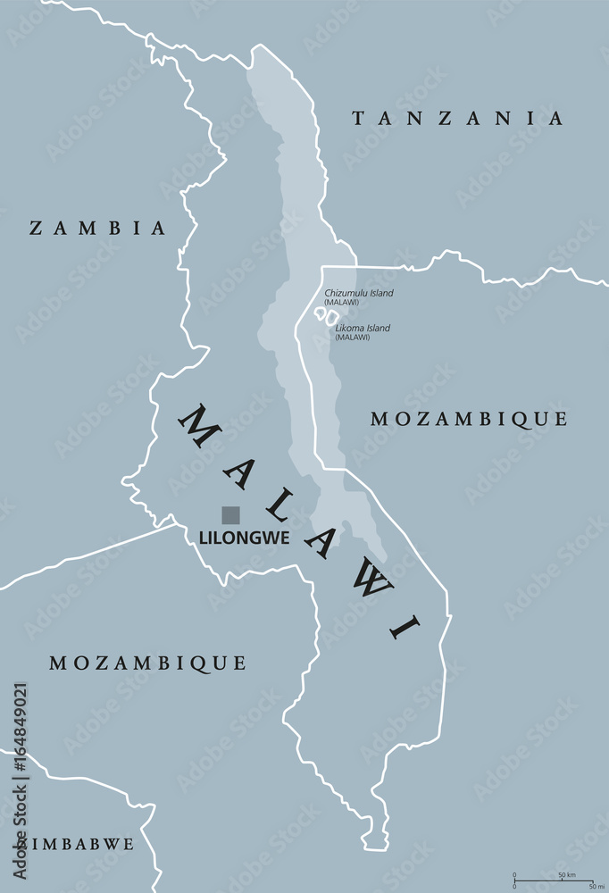 Malawi political map with capital Lilongwe. Republic. Landlocked