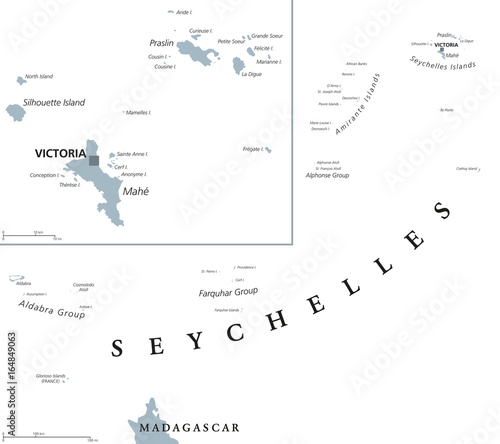 Seychelles political map with capital Victoria on the main island Mahe. Republic, archipelago and country in the Indian Ocean. Gray illustration isolated on white background. English labeling. Vector.