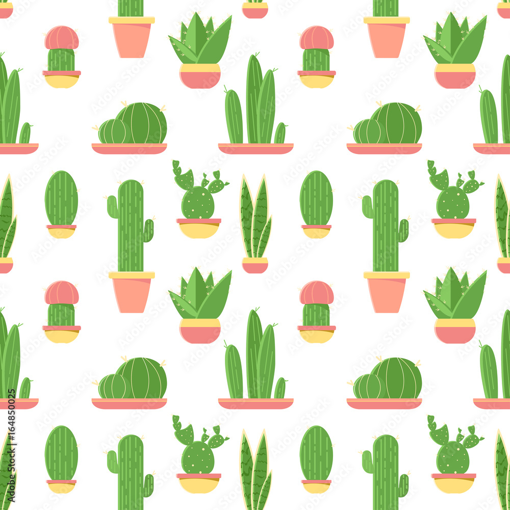 Seamless pattern of cacti and succulents in pots. Flat design cactus isolated on white background. Vector illustration. Seamless pattern of cacti and succulents in pots. Flat design cactus isolated on white background. Vector illustration.