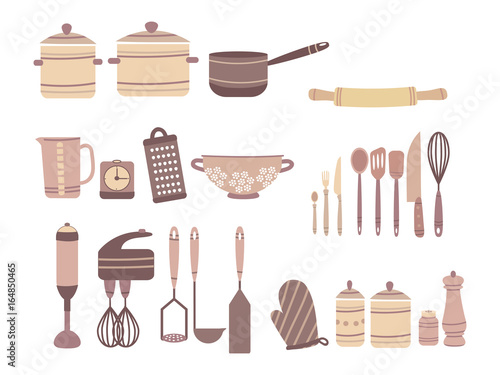 Vector set of kitchen accessories. Collection of culinary accessories in cartoon style. Knives and Castrulums. Isolated objects on white background.