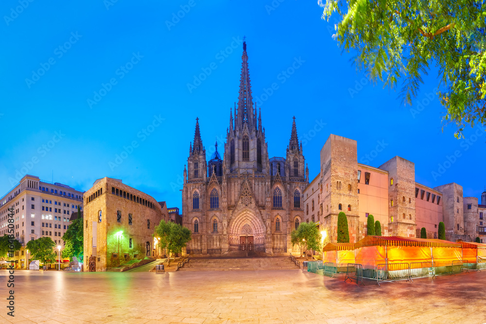Panorama of Cathedral of the Holy Cross and Saint Eulalia during morning blue hour, Barri Gothic Quarter in Barcelona, Catalonia, Spain