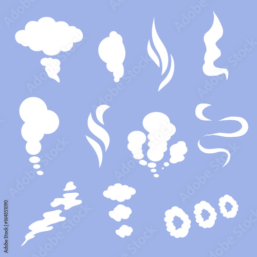 Smoke and steam silhouette icons. Smoking clouds from chimney or fire, cigarettes or pipes vector signs. Carton smoke bubble cloud collection. Vector illustration.