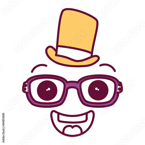 face kawaii with glasses and hat character vector illustration design