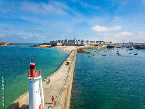 Aerial view of Saint Malo in Brittany France with a Lighthouse in the foreground