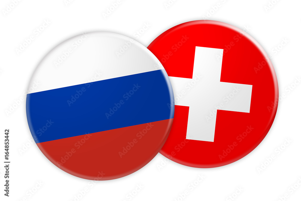 News Concept: Russia Flag Button On Switzerland Flag Button, 3d illustration on white background News Concept: Russia Flag Button On Switzerland Flag Button, 3d illustration on white background
