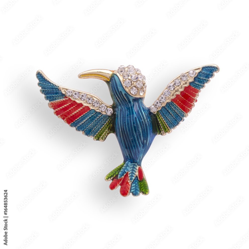 enamel brooch with Hummingbird and diamonds isolated on white
