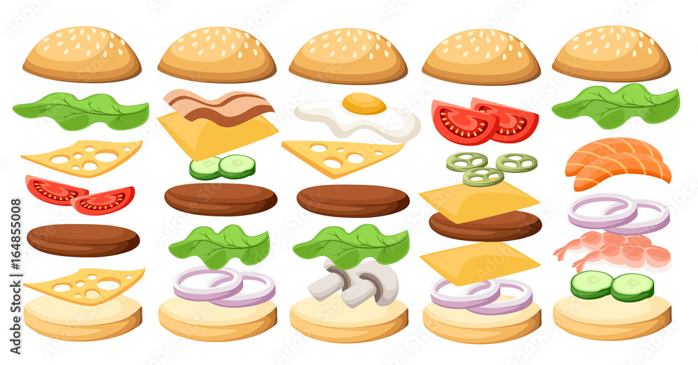 Set of delicious sandwich illustrations ss Burgers set. Ingredients: buns, cheese, bacon, tomato, onion, lettuce, cucumbers, pickle onions, beefs, ham. Vector icons isolated on white background